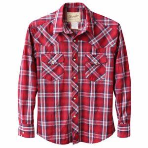 Wrangler Western Pearl Snap Shirt Mens L Red Plaid Cowboy Ranch Rodeo